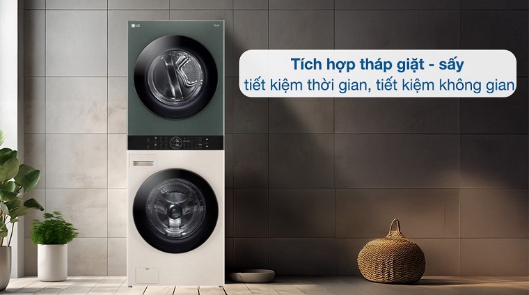 Tháp giặt sấy được thiết kế với chiều cao đủ tầm với tiện sử dụng cho nhiều người