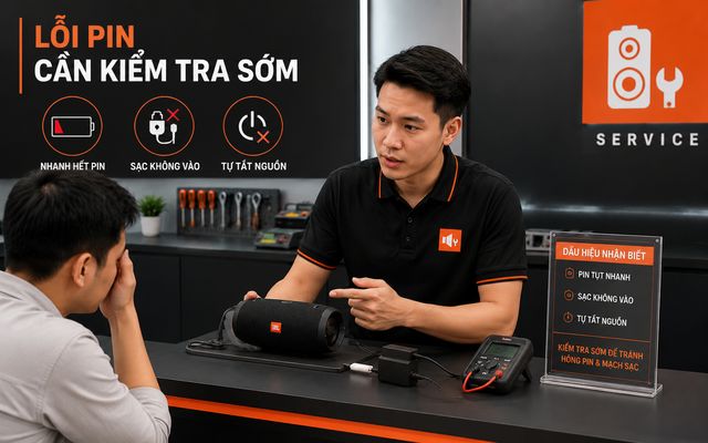 Loa JBL nhanh hết pin, sạc không vào hoặc tự tắt nguồn cần được kiểm tra sớm