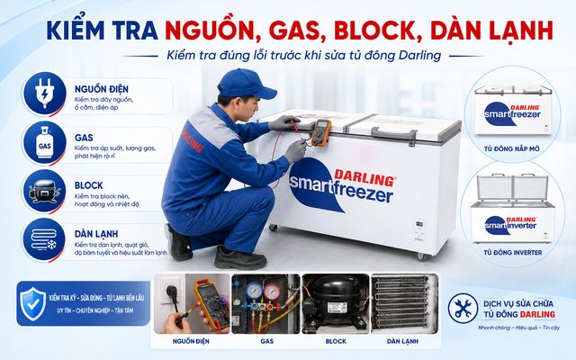 Kỹ thuật viên kiểm tra kỹ càng thiết bị trước khi sửa tủ đông Darling
