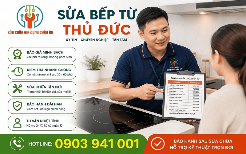 Kỹ thuật viên thông báo bảng giá chi tiết đến khách hàng trước khi thực hiện sửa bếp từ
