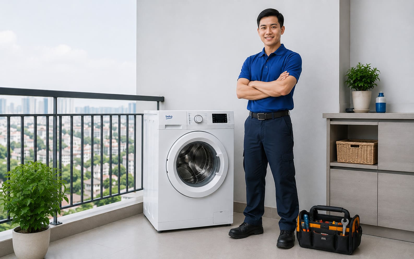 Kỹ thuật viên kiểm tra và sửa máy giặt Beko không lên nguồn, không vào điện
